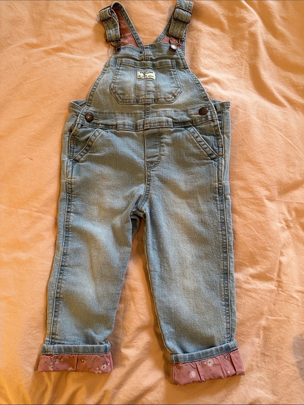GAP Light Blue Denim Kids Overalls with Pink Floral Cuffs